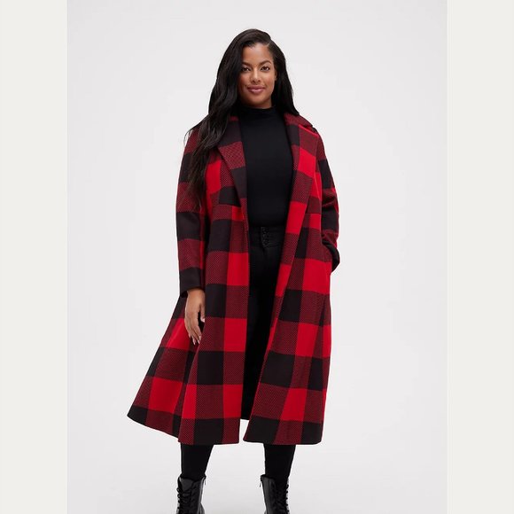 Torrid SELF-TIE FIT & FLARE LONGLINE COAT - STRETCH WOVEN PLAID RED Size… - Picture 5 of 5